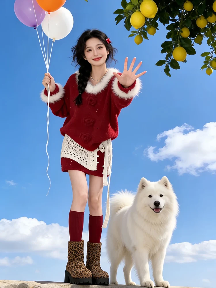 Cisas Red New Year Aosphere Knitted Sweater Tee Piece Set Women's Korean Sle New Year Robe Super ular Set