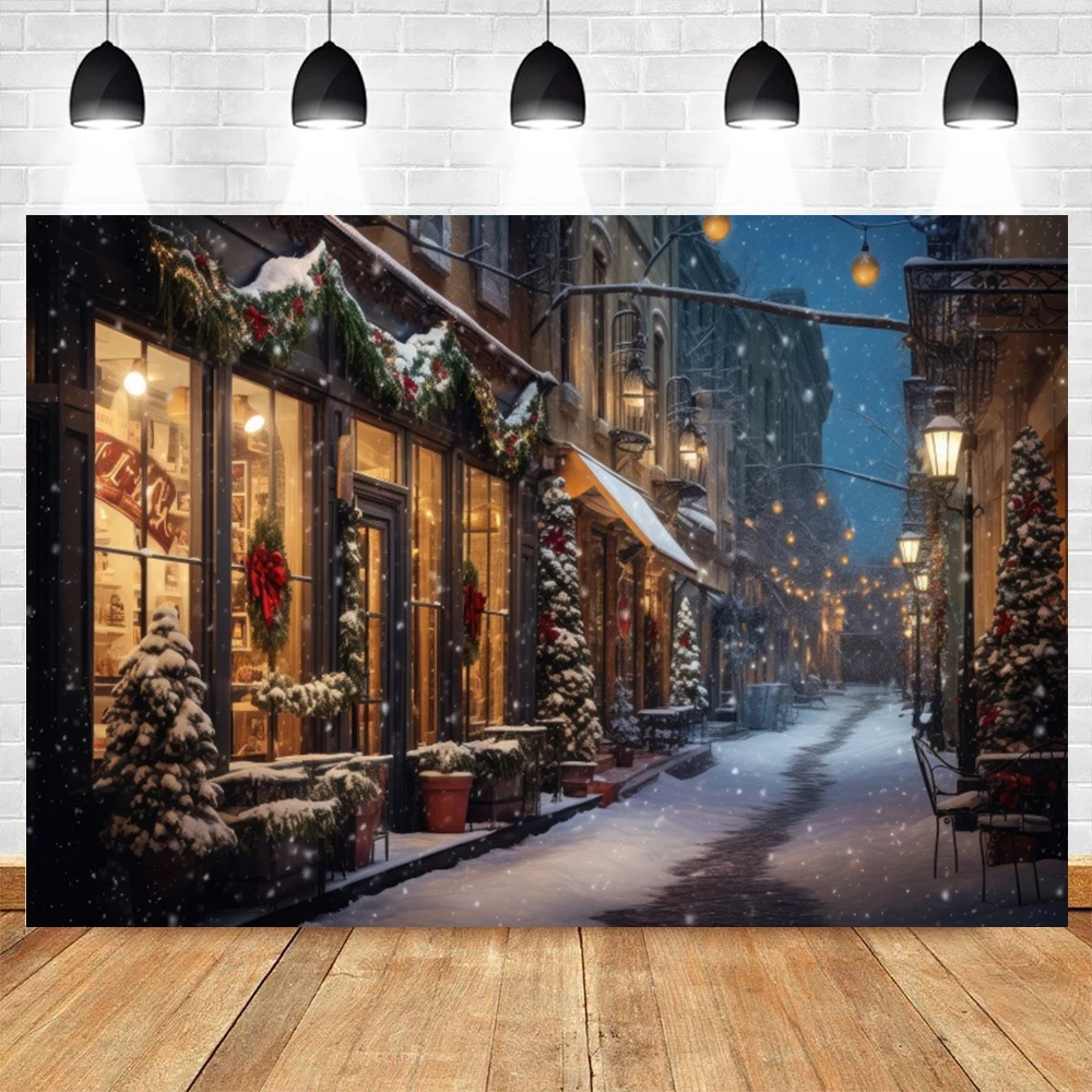 Fondo de noche de Navidad de calle nevada de invierno, casas de fotografía, tiendas, árboles de Navidad, decoración de fiesta familiar para niños, accesorios de fondo