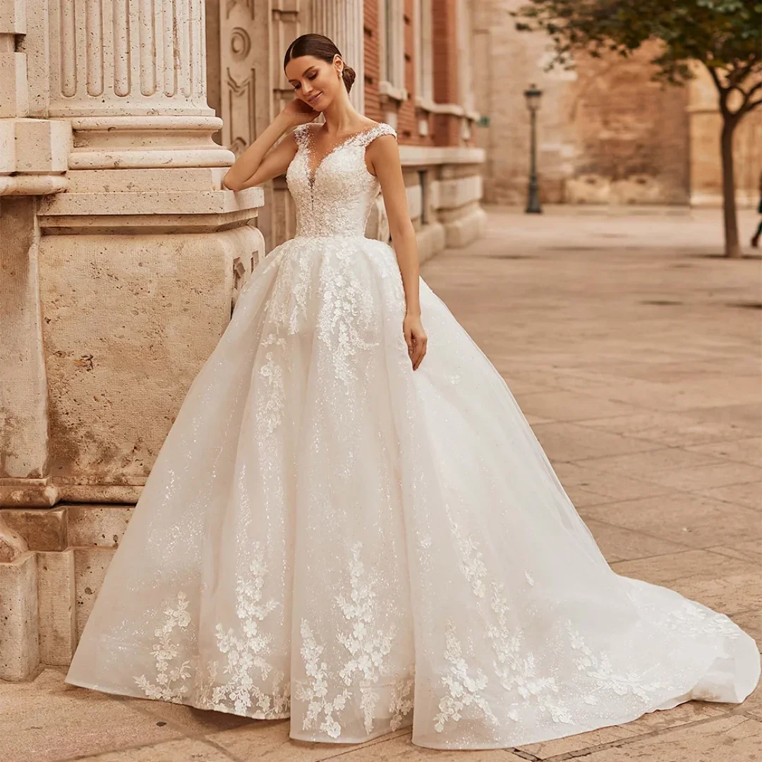 

Customized Glitter Wedding Dresses Cap Sleeve Scoop Beading Ball Gown Applique Sweept Train Back Lace-up Corset Wedding Bridal