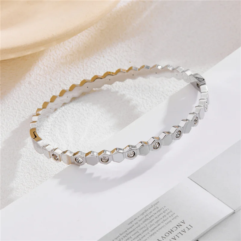 Titanium Steel Bracelet for Women Honeycomb & Starry Sparkling Zircon Inlay Buckle Closure, Fade Resistant Cross border Jewelry