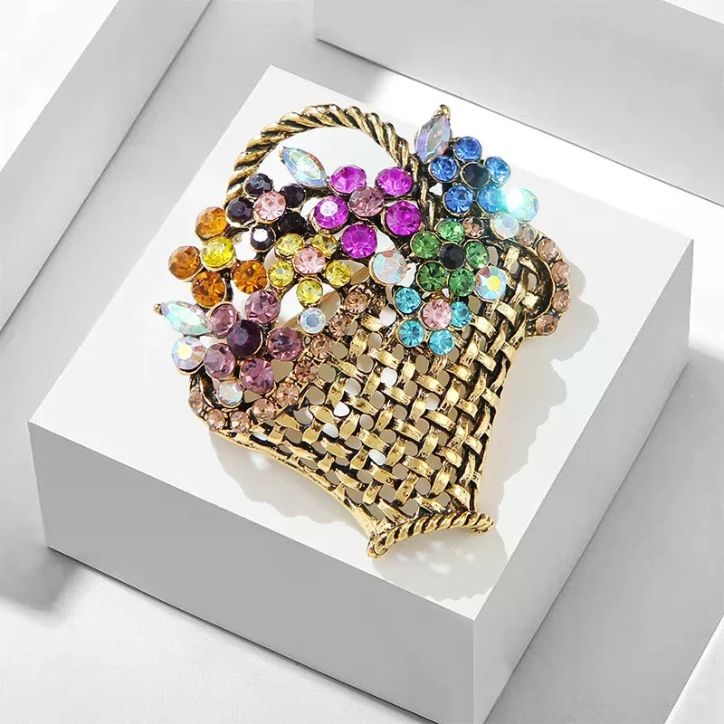 Fashion Crystal Flower Basket Brooches Pin For Women Clothing Coat Jewelry Accessories Gifts