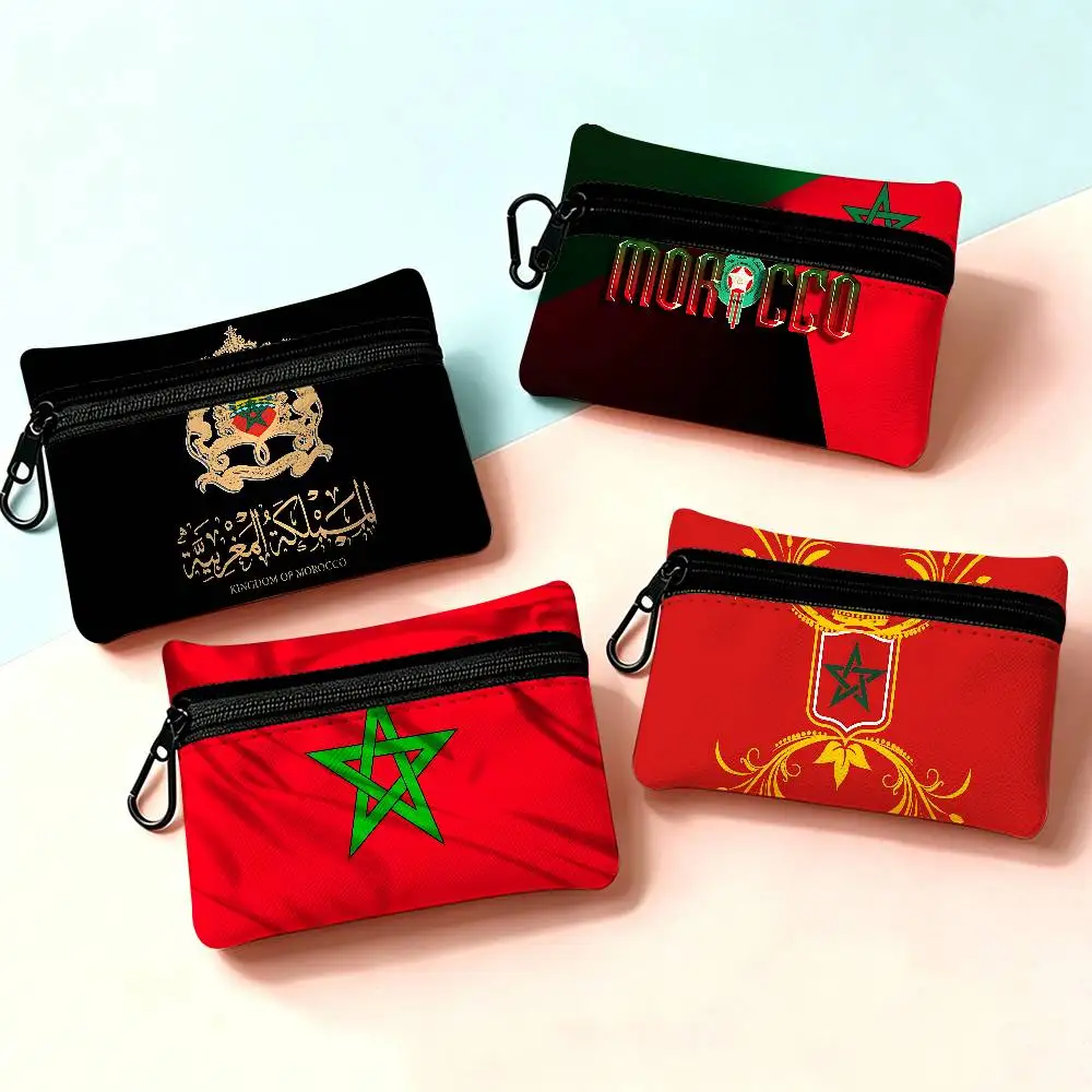 Morocco Map Flag Oxford Fabric Mini Coin Wallet Smooth Zipper Hanging Design Multi-use Small Storage Bag For Travel
