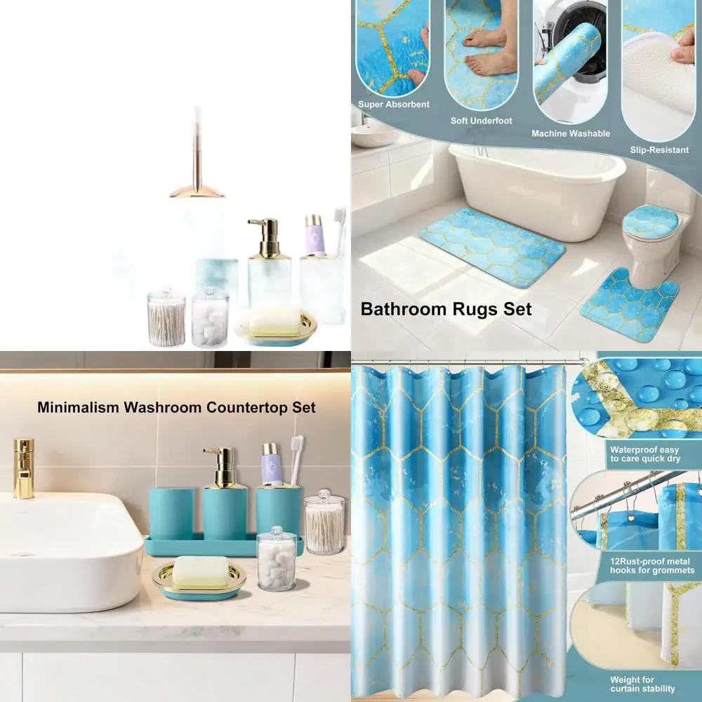 

Complete Teal Bathroom Accessory Set: 25-Piece Shower Curtain & Rugs, Trash Bin, Soap Dispenser, Soap Dish, Toilet Brush, Toothb