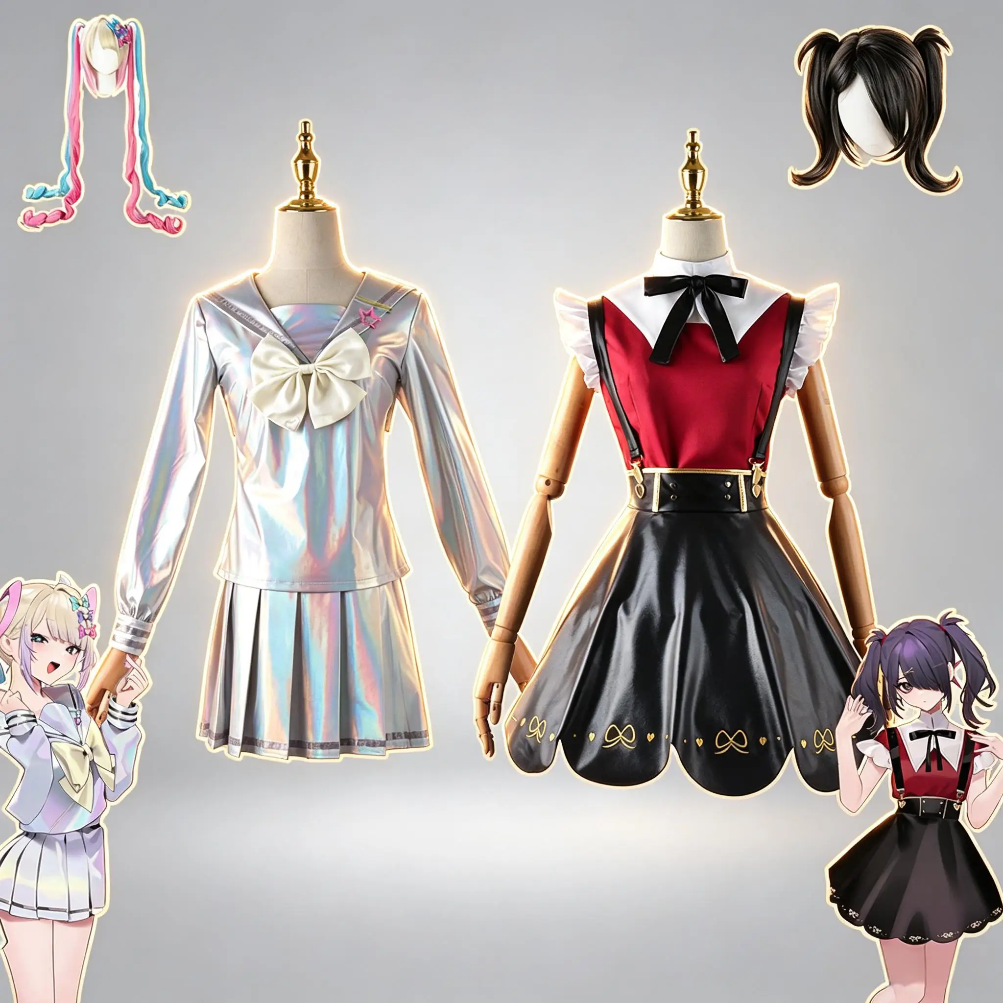 Disfraz de cosplay Yami Kawaii JK para mujer, conjunto completo de uniforme escolar gótico en colores pastel con peluca y accesorios