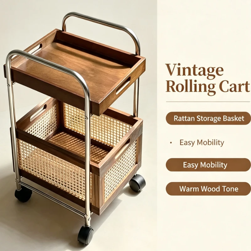 Vintage Rattan Rolling Cart Solid Wood Storage Trolley With Wheels For Living Room Bedroom Kitchen Organizer Shelf