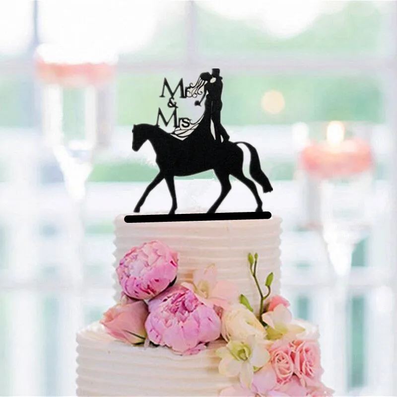 Black Acrylic Bride and Groom Kissing on the Horse Wedding Cake Topper for Wedding Decoration Cake Decorating Mr & Mrs Toppers