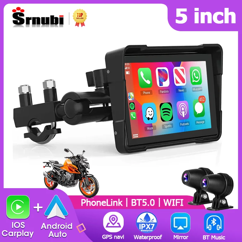 Srnubi 5 inch MOTO Apple CarPlay Display Screen Navigation GPS Motorcycle Dual Bluetooth For Motorcycle Wireless Android Auto