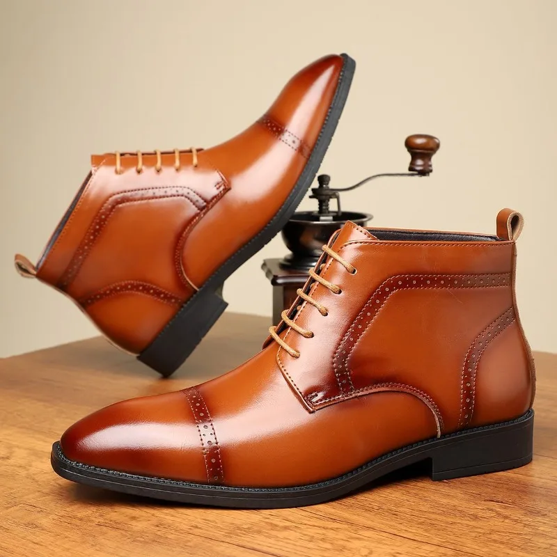 

Luxury Men Leather Boots Brand Pointed End Formal Dress Boots Classic Business Casual Boot Lace-up Ankle Boots for Men Botas2025