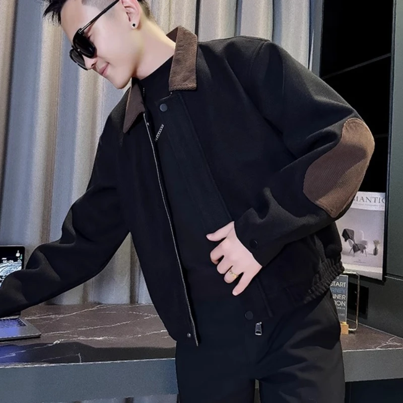 Autumn Winter Splicing Contrasting Collar Woolen Jacket for Men Loose Casual Business Coats Social Streetwear Bomber Jackets