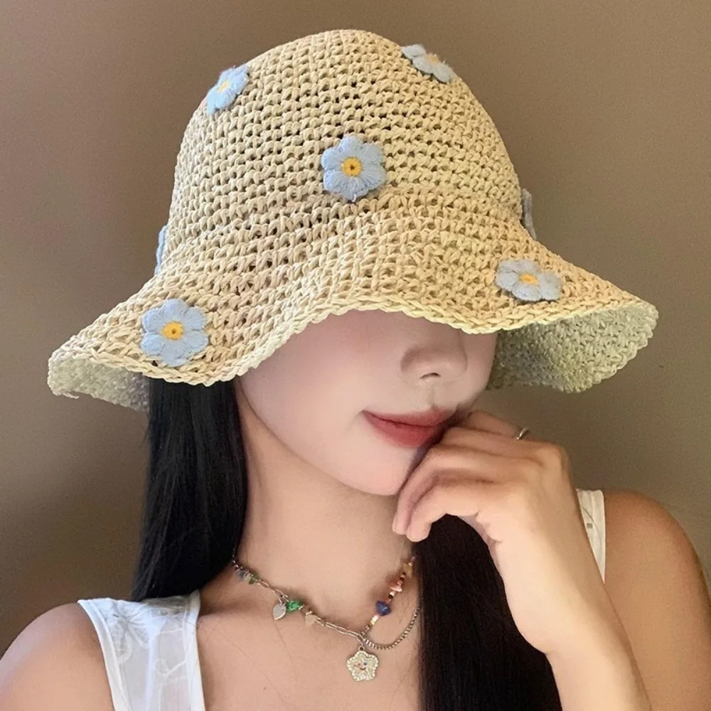 

Lovely Foldable Straw Hat Sun Protection Little Flowers Panama Cap UV Protection Breathable Bucket Hat Beach