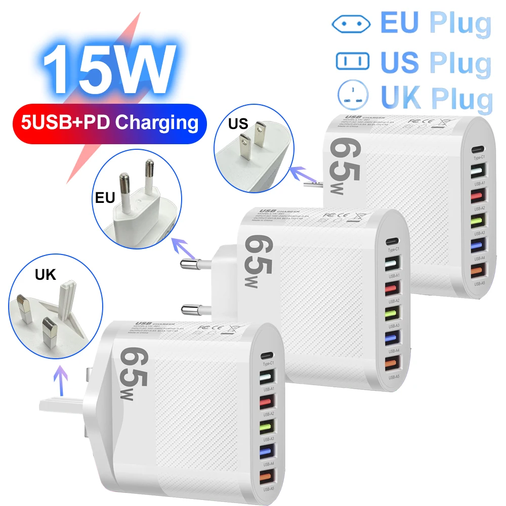 65W 6-Port USB Charger PD Type C Fast Charging Wall Adapter EU Plug Multi Port Charger for iPhone Xiaomi Samsung