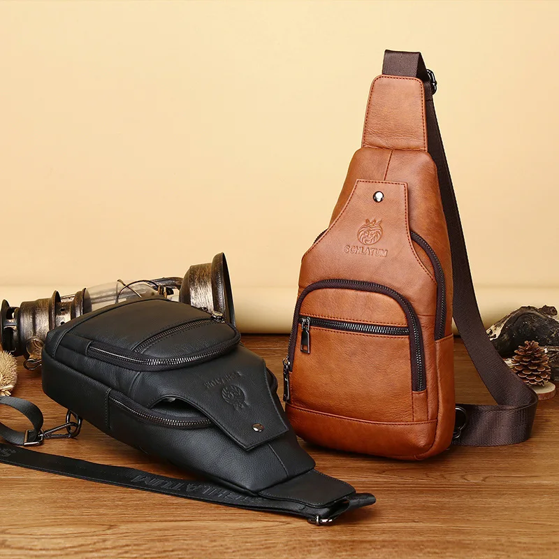 Real Leather Sling Bag for Men Vintage Chest Bag Handmade Shoulder Crossbody Daypack Male Fashion Waist Pack USB Charging