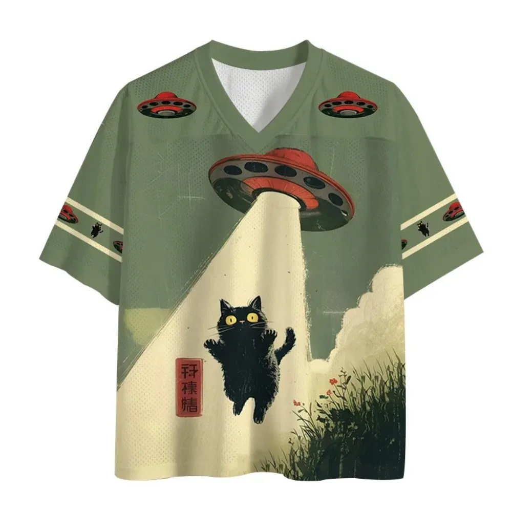 Sommerliches amerikanisches Retro Sci-Fi UFO Katzen 3D-Druck Atmungsaktives Schnelltrocknendes V-Ausschnitt T-Shirt für Herren und Damen – Sportlich-lässige Eltern-Kind-Kleidung – Detail 2