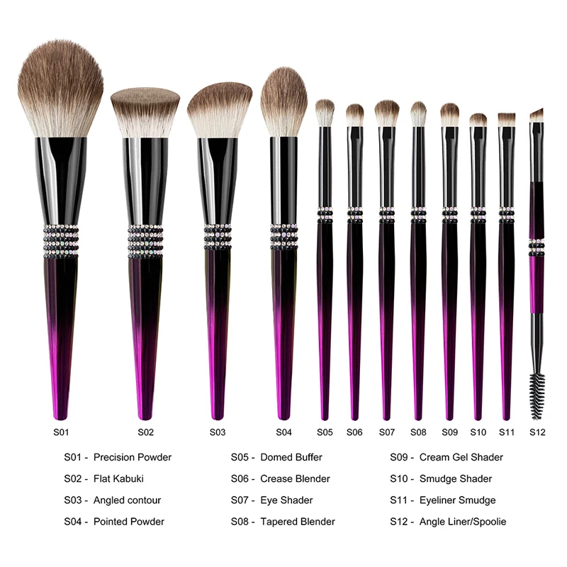 Karsyngirl 12pcs/set Luxury Glitter Diamond Bling Makeup Brush Metal Purple for Women Makeup Brush Beauty Tool