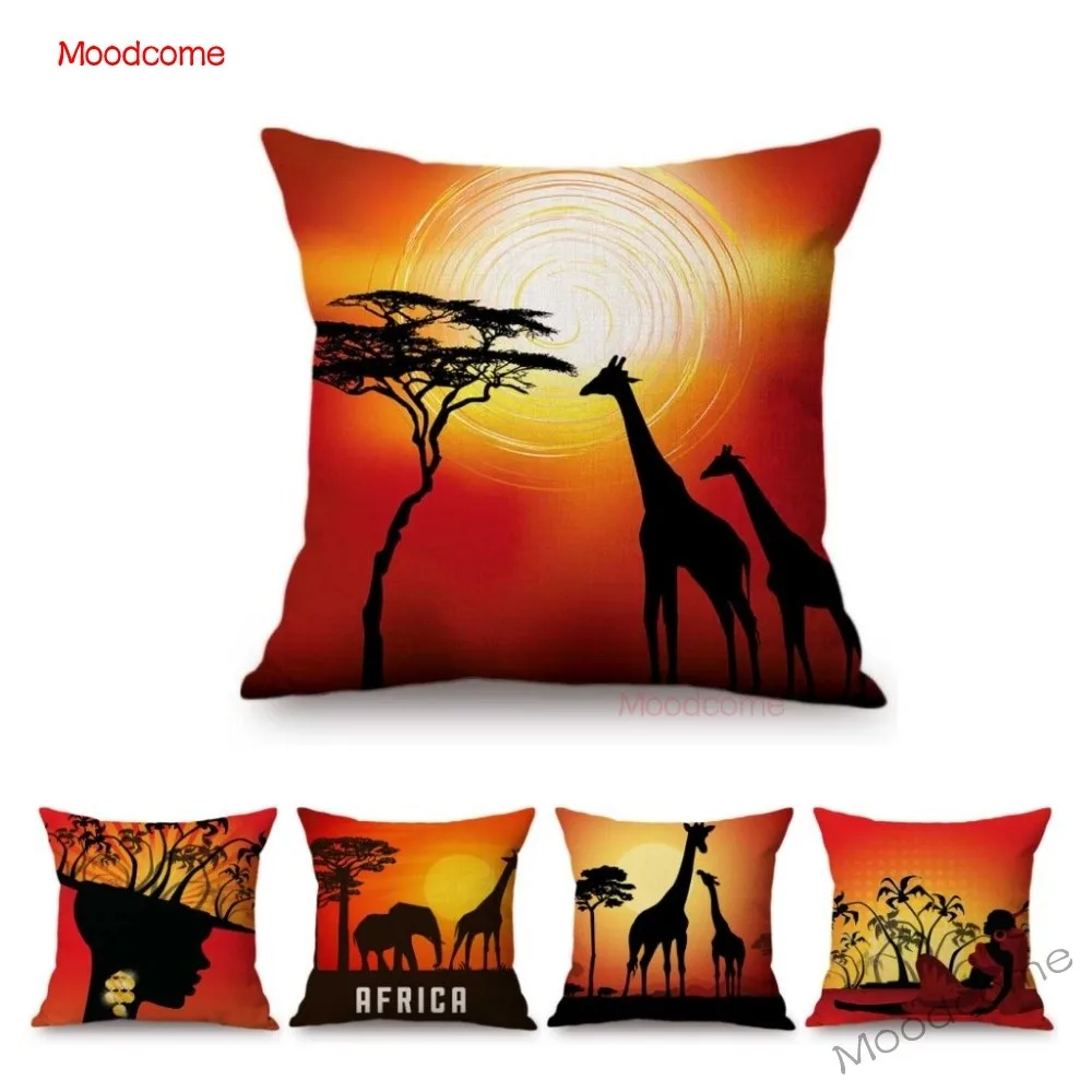 Africa Sunset Breathtaking View Scenery Art Gallery Decorative Throw Pillow Case African Animal Giraffe Elephant Cushion Cover