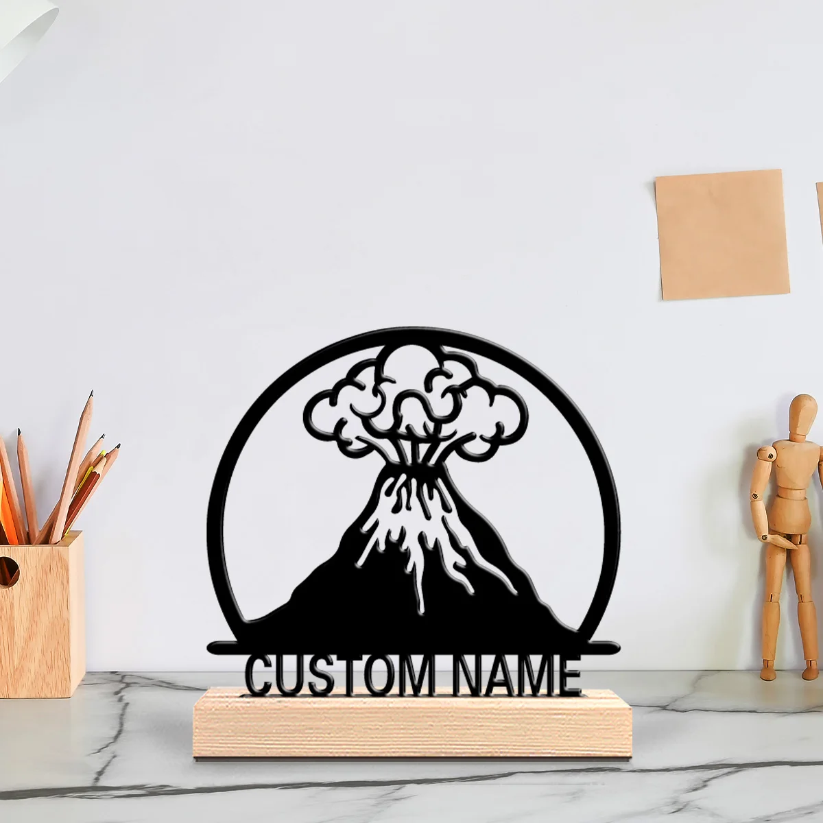 1pc Creative Volcano eruption Customized Text Art Crafts With Wood Base Metal Sculpture With Wood Base For Home Desk Decor