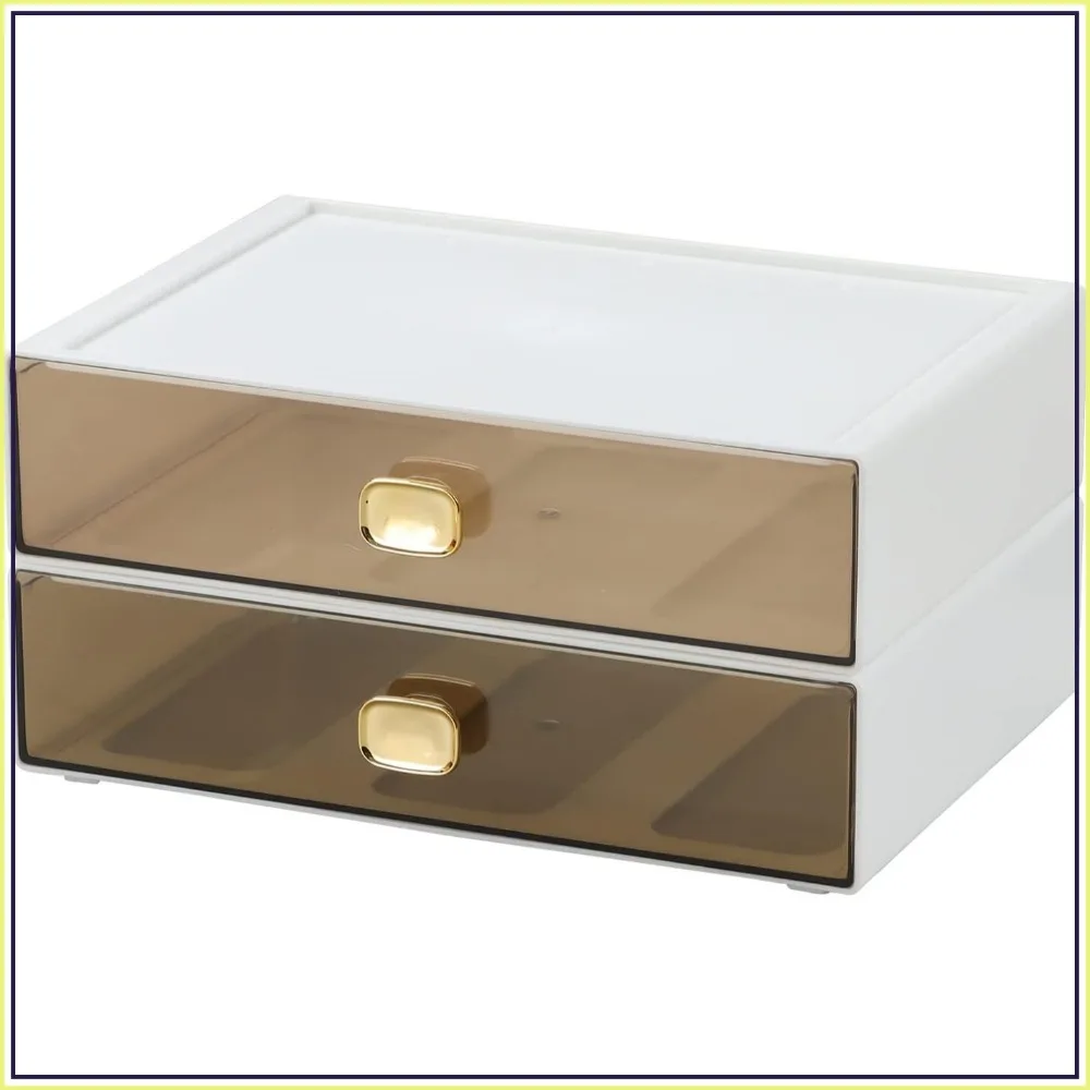 Stackable Desktop Storage Box with 2 Large Drawers, White Plastic Organizer for Office & Home