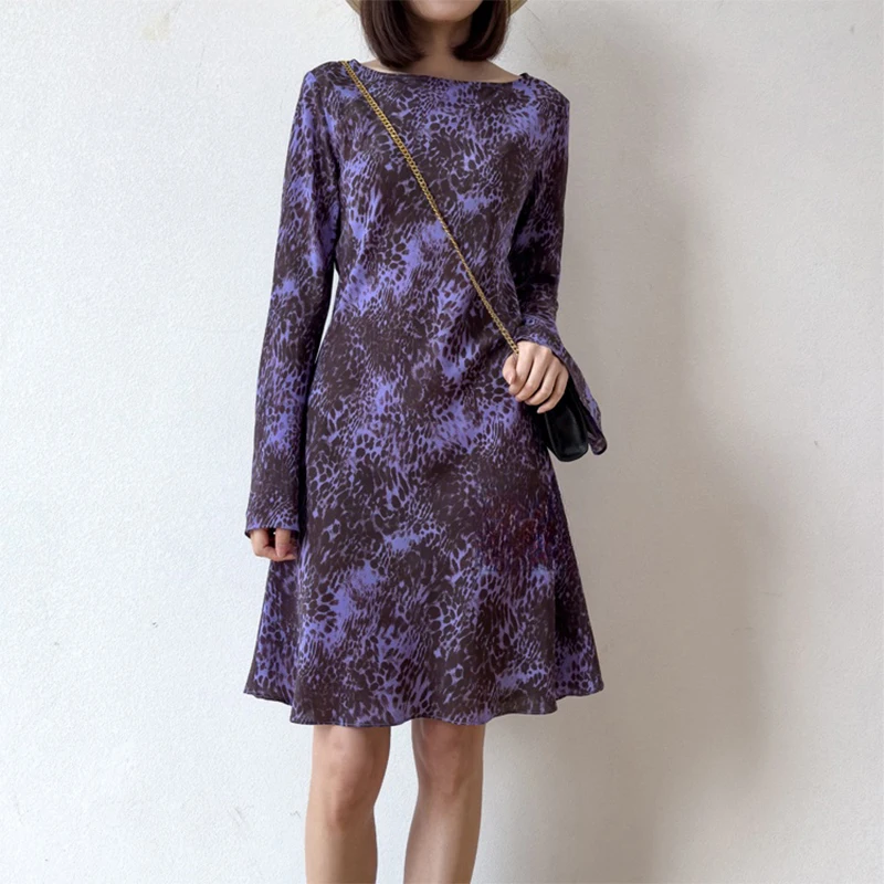 Damen-Seidenkleid, 100 % Maulbeerseide, Krepp de Chine, lila, modisch, Leopardenmuster, 2025, lange Aufflackernärmel, Bürodame, M, L, M1280