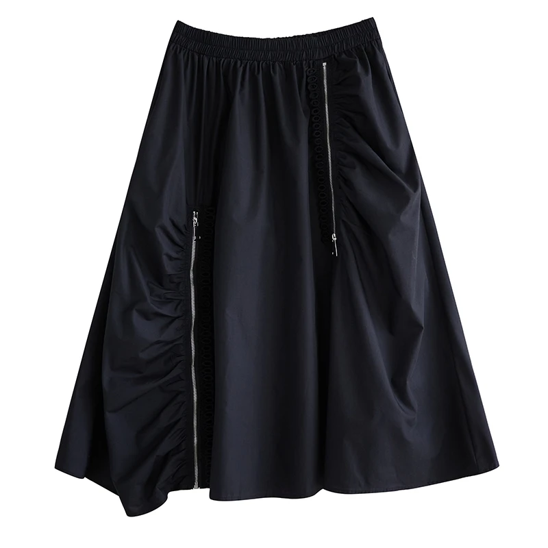 NYFS 2025 Autumn New Woman Skirts Female Elastic waist Loose Plus Size Solid Zipper pleats Long Skirt