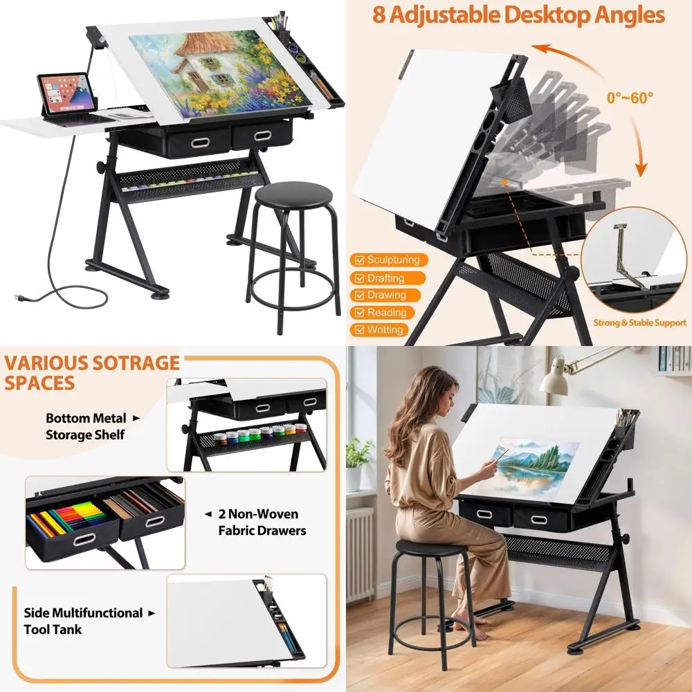 Adjustable Drafting Table with Tilting Desk and Storage Drawers for Artistic Workstations at Home