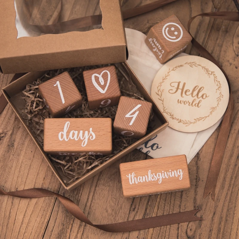 6pcs/1Set Baby Month Milestone Card Beech Block Square Engraved Newborn Birth Month Birthday Milestones Block Photography Props