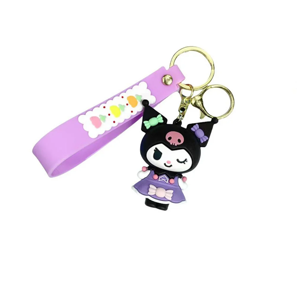 Sanrio Kuromi Hello Kitty Penguin Frog Dog Cat Cute Keychains with Fluffy Rabbit Fur Ball Women Girl Bag Pendant Keyring Gifts