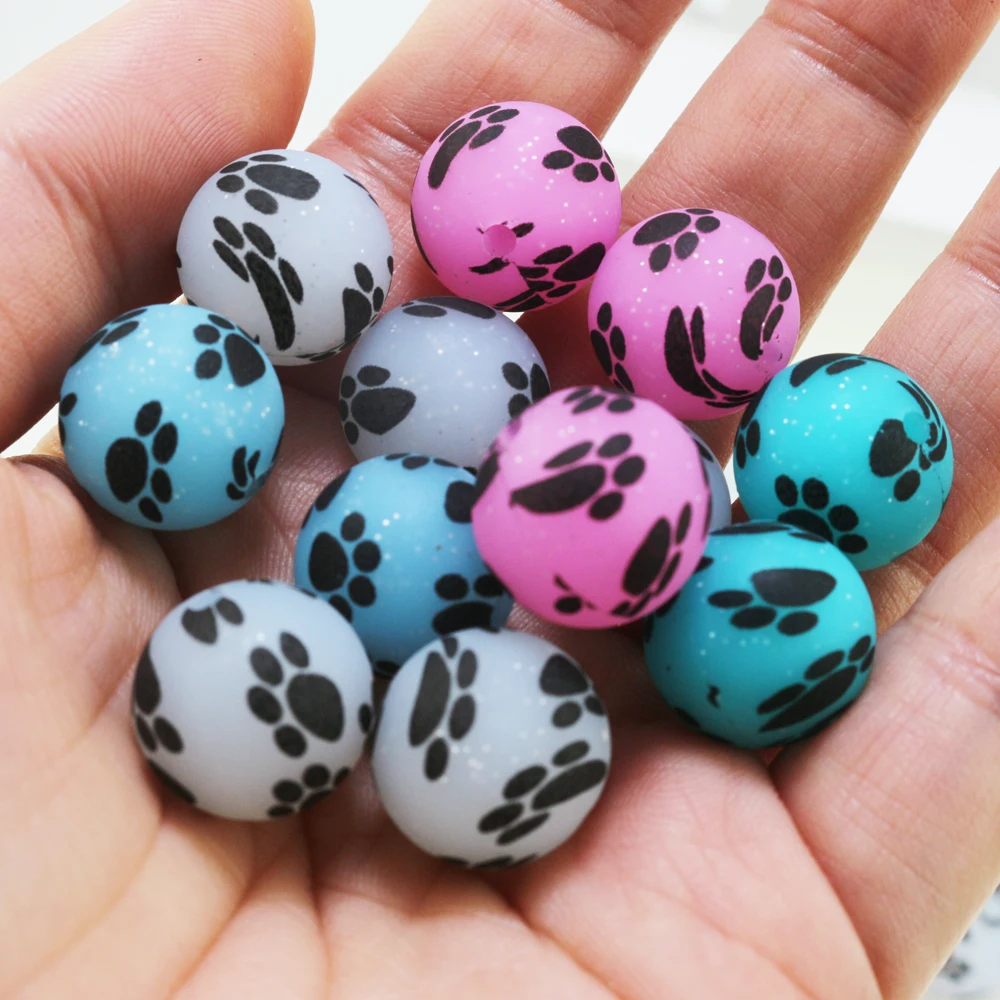 Imagem -03 - Silicone Glitter Paw Print Beads para o Bebê Round Faça Você Mesmo Beaded Pen Chewing Toy Acessórios Novos Produtos 15 mm 100 Pcs