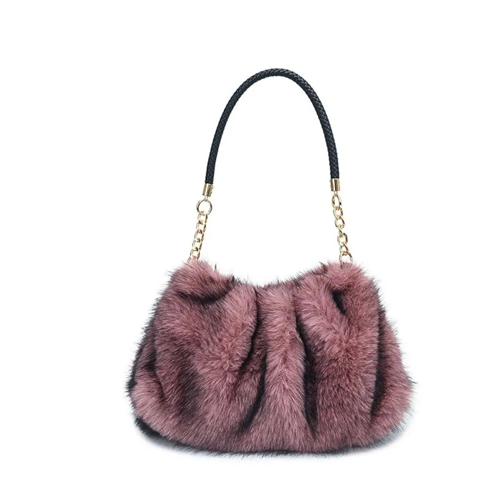 Large Capacity Fluffy Shoulder Bag Soft Texture Ruched Furry Tote Solid Color Lightweight Faux Fur Purse Women
