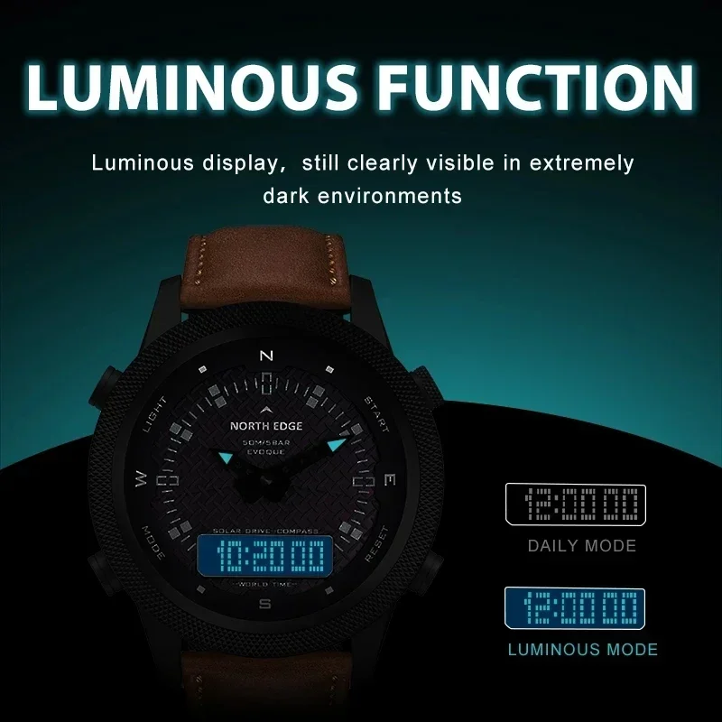 Men Digital Solar Watch NORTH EDGE Mens Outdoor Sport Watches Full Metal Waterproof 50M Compass Countdown Stopwatch Smart Watch