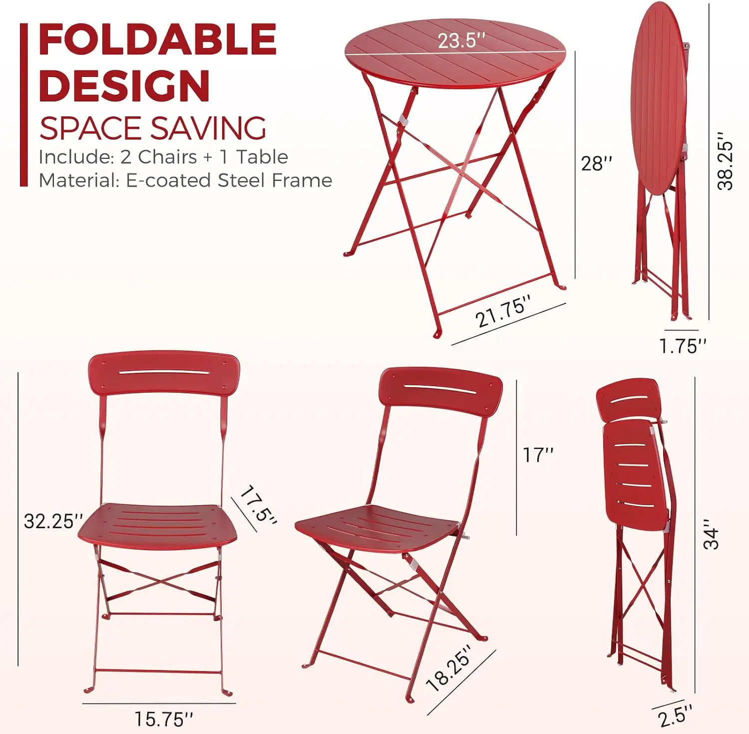 Premium Frame Patio Bistro Set, Colorful Folding Outdoor Patio Furniture Sets, 3-Piece Patio Table and Chair Set, Red