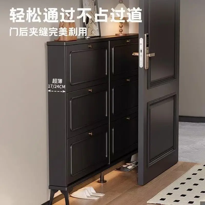 

Black solid wood shoe cabinet, outer corridor entrance, indoor extremely narrow tipping bucket entry storage cabinet integrated