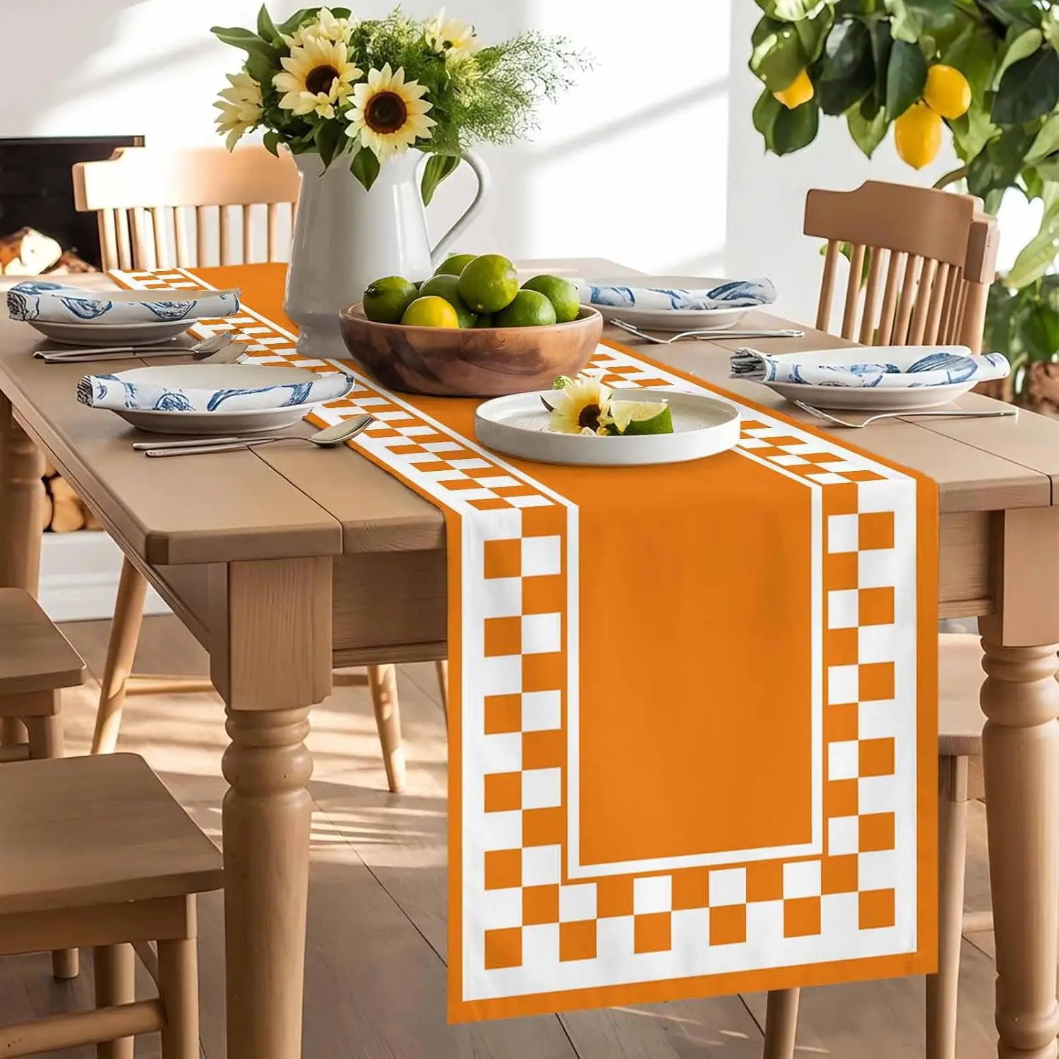 Fall Orange Plaid Check Linen Table Runner Home Party Decor Autumn Harvest Kitchen Dining Table Runners Thanksgiving Decorations