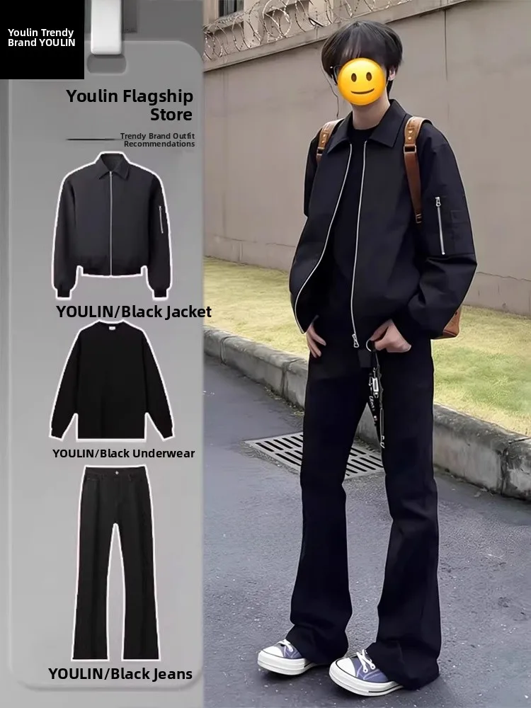 

Черный мужской комплект в американском стиле: куртка-бомбер и бейсбольный костюм для весны, стильный и модный, в стиле High Street, укороченный, Cleanfit