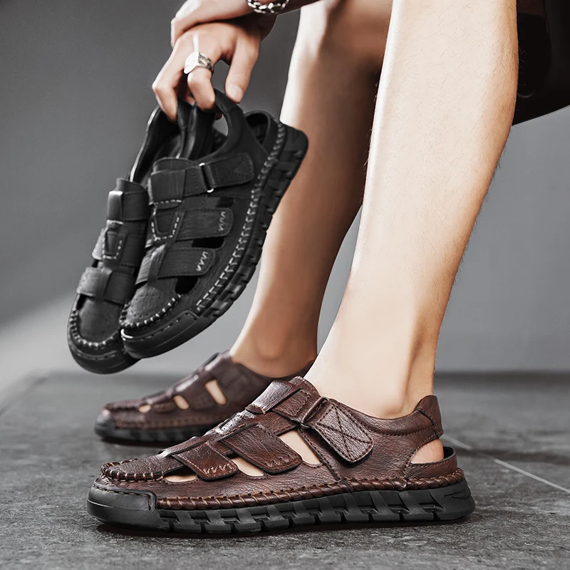 

Мужские летние деловые сандалии, удобные, в ретро-стиле, дышащие, размеры 38-46, для прогулок или повседневной носки на пляже, новое качество, большие размеры, черные.