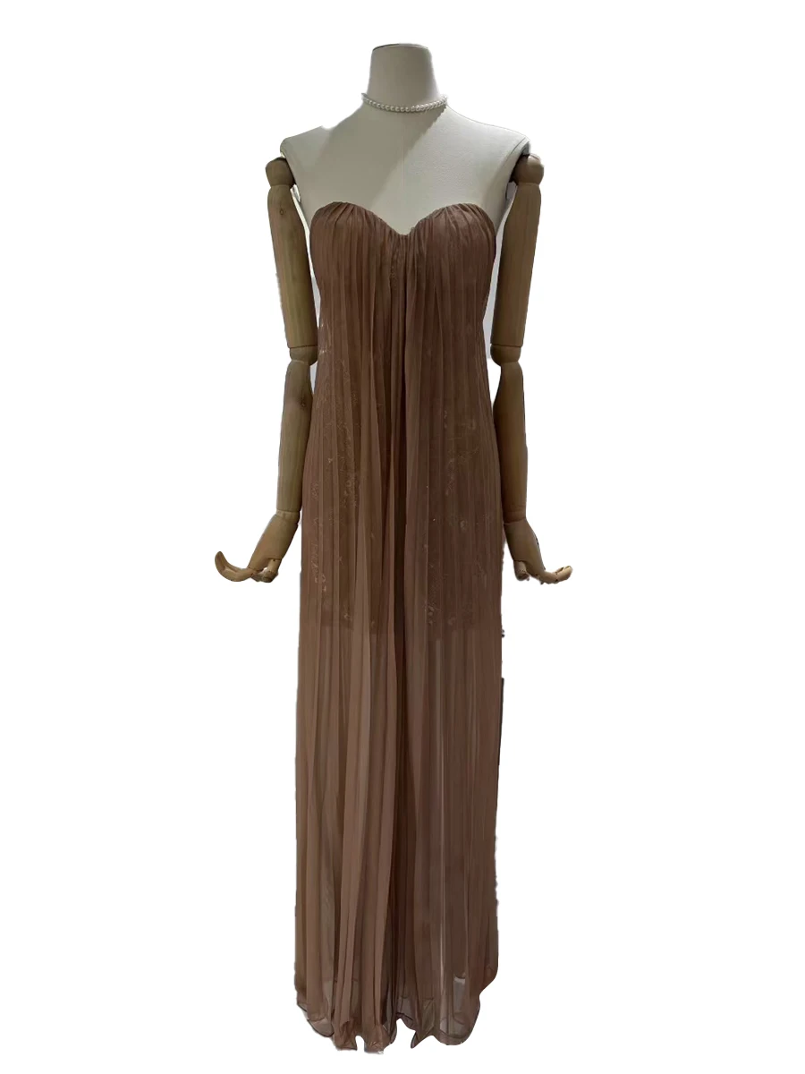 TWOTWINSTYLE Solid Sheer Spliced Mesh Elegant Dresses for Women Strapless Sleeveless Patchwork Sequins Dress Female Clothing New