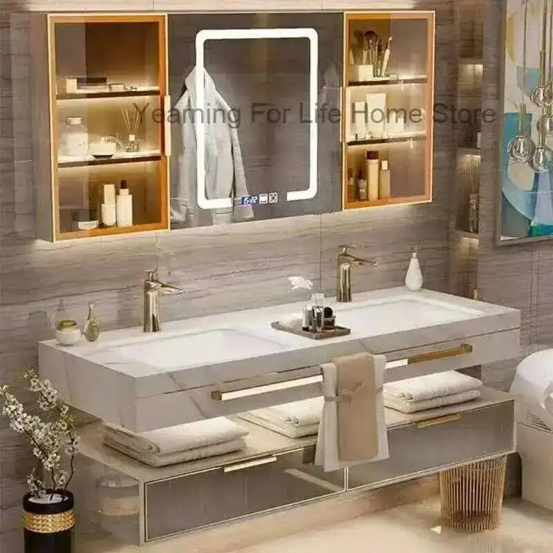 Slate Cabinet Smart Mirror Bathroom Modern with Ceramic Double Washbasin Bathroom Vanity Cabinets Under Sink Bathroom Furniture