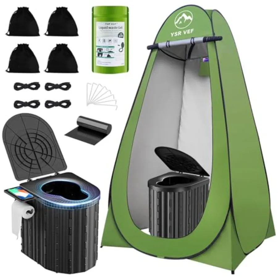 

Camping toilet with pop-up privacy tent and liquid waste gel: portable, ergonomic potty in gray, ideal for outdoor use, enhance