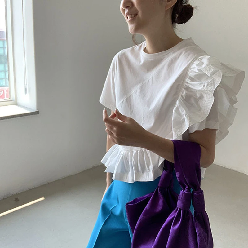 

Белая женская рубашка с коротким рукавом и круглым вырезом, весна-лето, новый стиль, милый дизайн с кружевной отделкой, хлопковая рубашка свободного кроя в корейском стиле