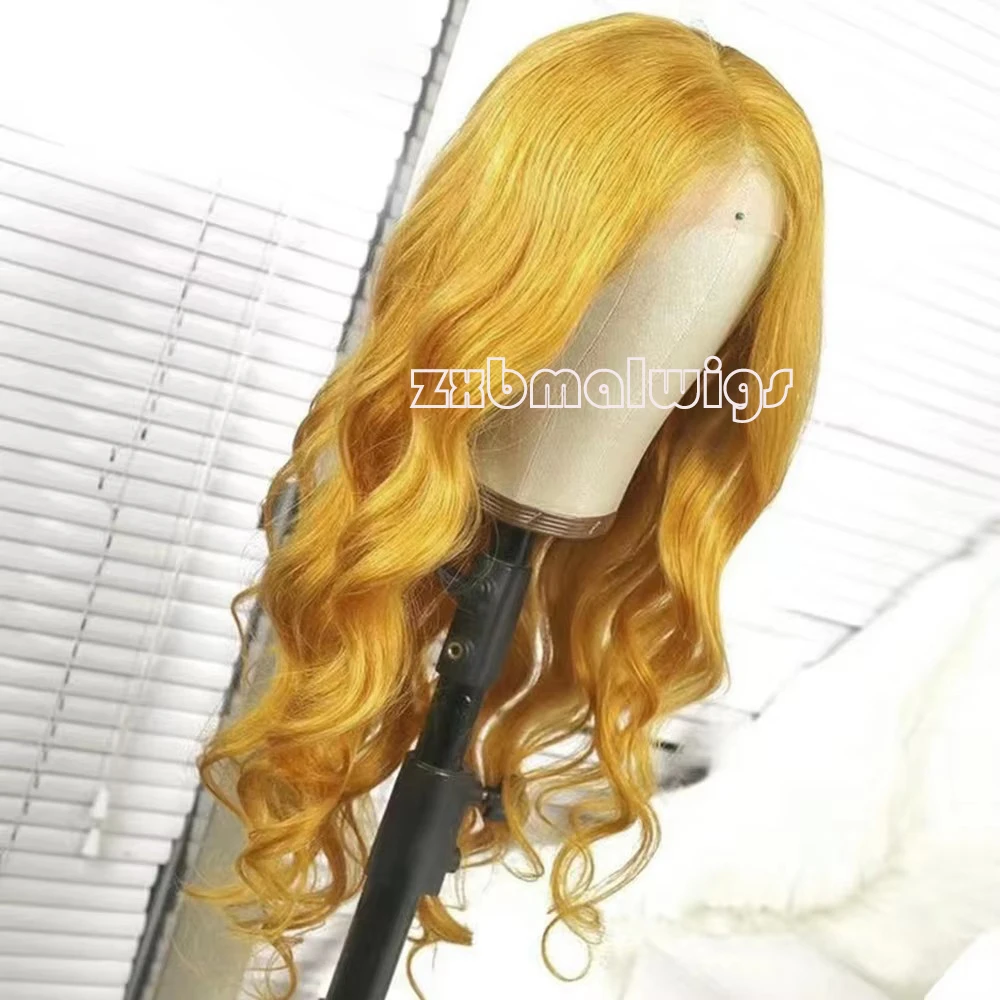 Synthetic Hair 13X4 Lace Front Wig Yellow Color Body Wave Preplucked 26 