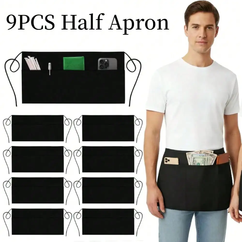 

Набор из 9 фартуков для персонала с карманами: черные фартуки-полупелерины для женщин и мужчин, для поваров, официантов, кухни, сервировки, приготовления пищи, выпечки