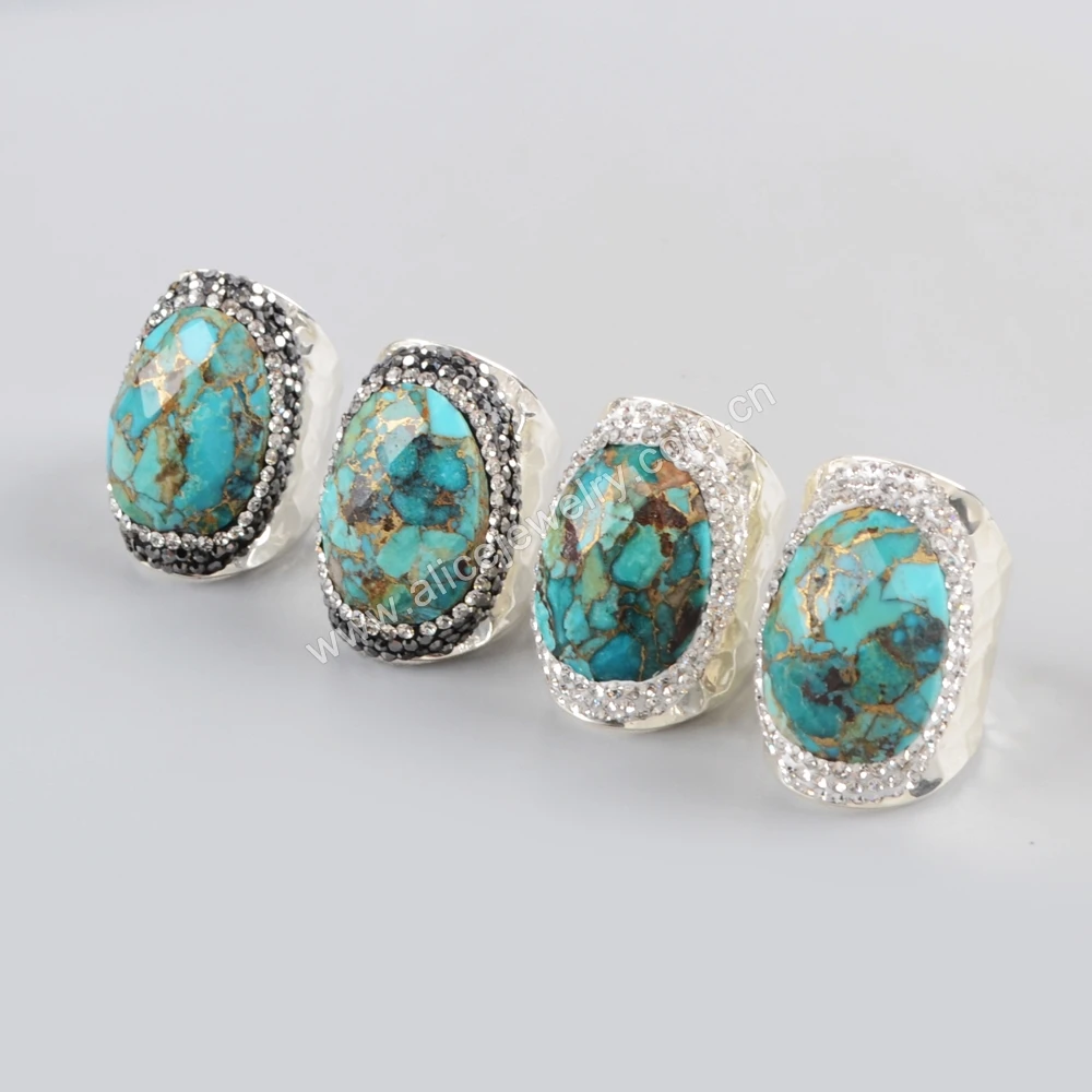 BOROSA 5PCS Natural Gold-Line Turquoises Silver Color Band Rings Crystal Paved Black/White Zircons Drusy Ring Jewelry JAB944