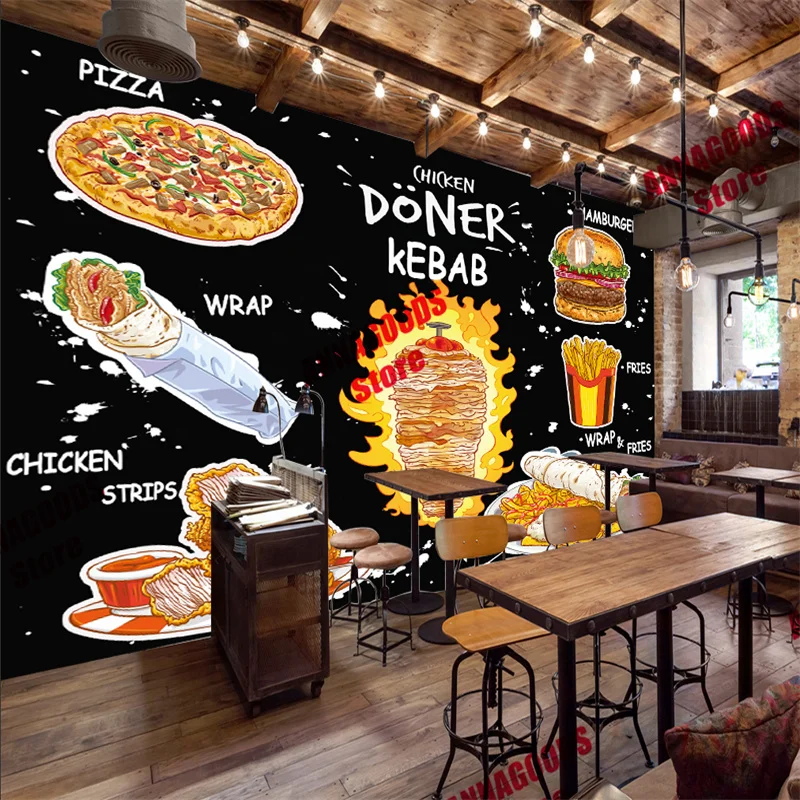 Custom Text Food 3D American Fast Food Mural Wallpaper Chicken Doner Kebab Snack Bar Restaurant Industrial Decor Wall Paper 3D