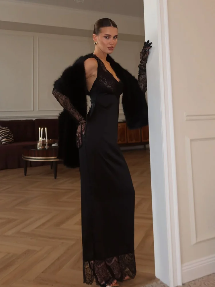 Vestido Sexy de encaje negro con tirantes para mujer, vestido de satén ajustado con cuello en V y hombros descubiertos, Vestidos de fiesta de noche para mujer