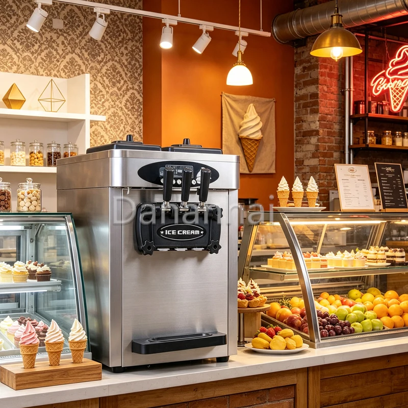 Commercial Desktop Fully Automatic Ice Cream Cone Machine Three Color Sundae Maker for Business Use