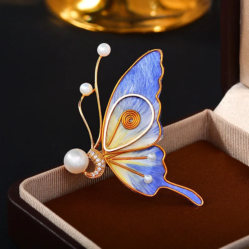 Chinese Traditional Velvet Craft Half Butterfly Brooch Freshwater Pearl Lucky Blessing Elegant Luxury Jewelry Pin Gift For Women