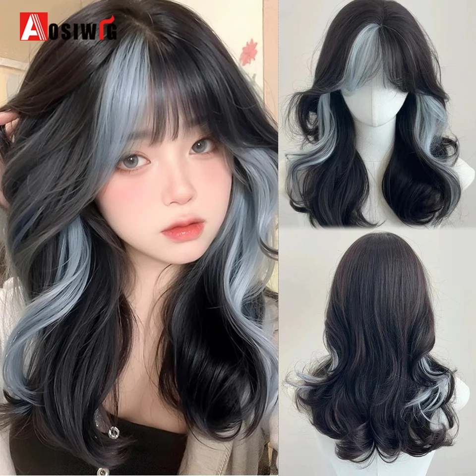 AOSI Ombre Synthetic Long  Wavy Black Prominent Blue Hair Wig Party Wigs for Women Cosplay Lolita Wig For Daily Use