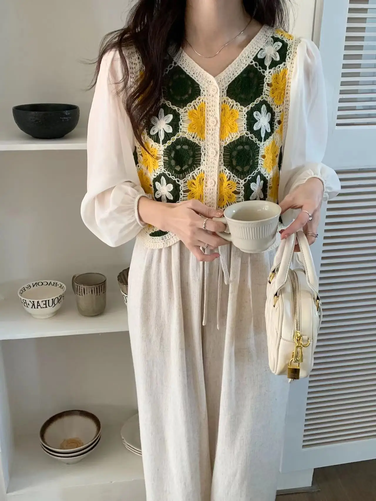 Women Crochet Knit Top Chiffon Sleeve Button Down Granny Square Knit Blouse Cardigan Teen-girl Spring Summer Fairycore Outfit