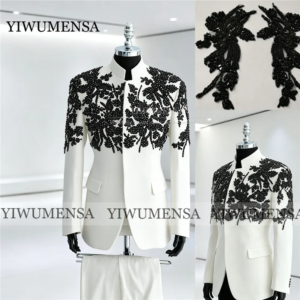 

Unique Suit For Man Chinese Style Beaded Stones Appliques Jacket Pants 2 Piece Sets Groom Wedding Tuxedo Custom Made Prom Blazer