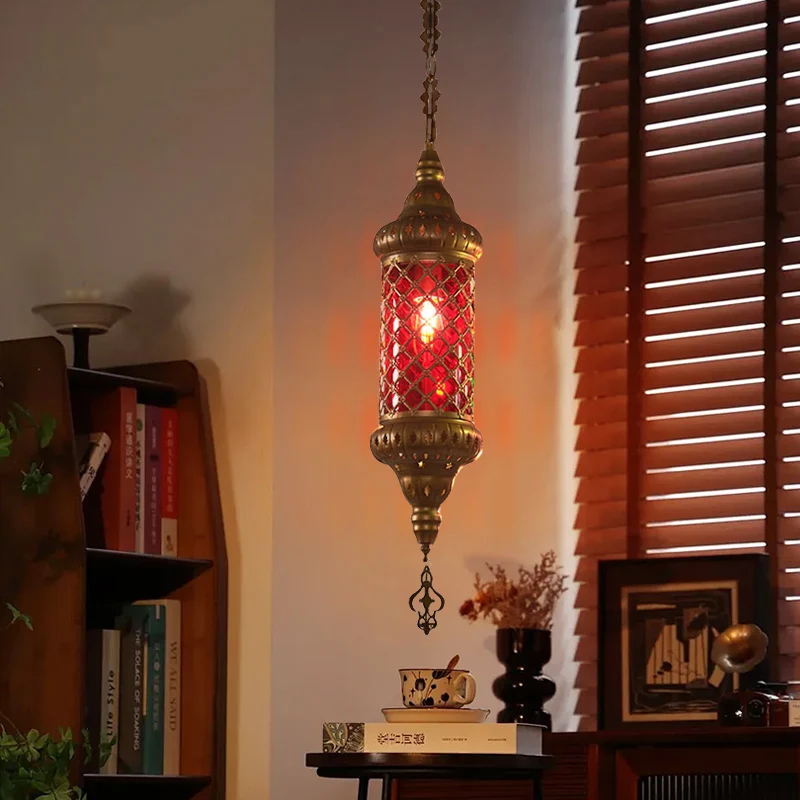 Moroccan Retro Iron Chandelier Vintage Stained Glass Shade Pendant Light for Hall Restaurant Bar Cafe Hotel Decorative Lighting