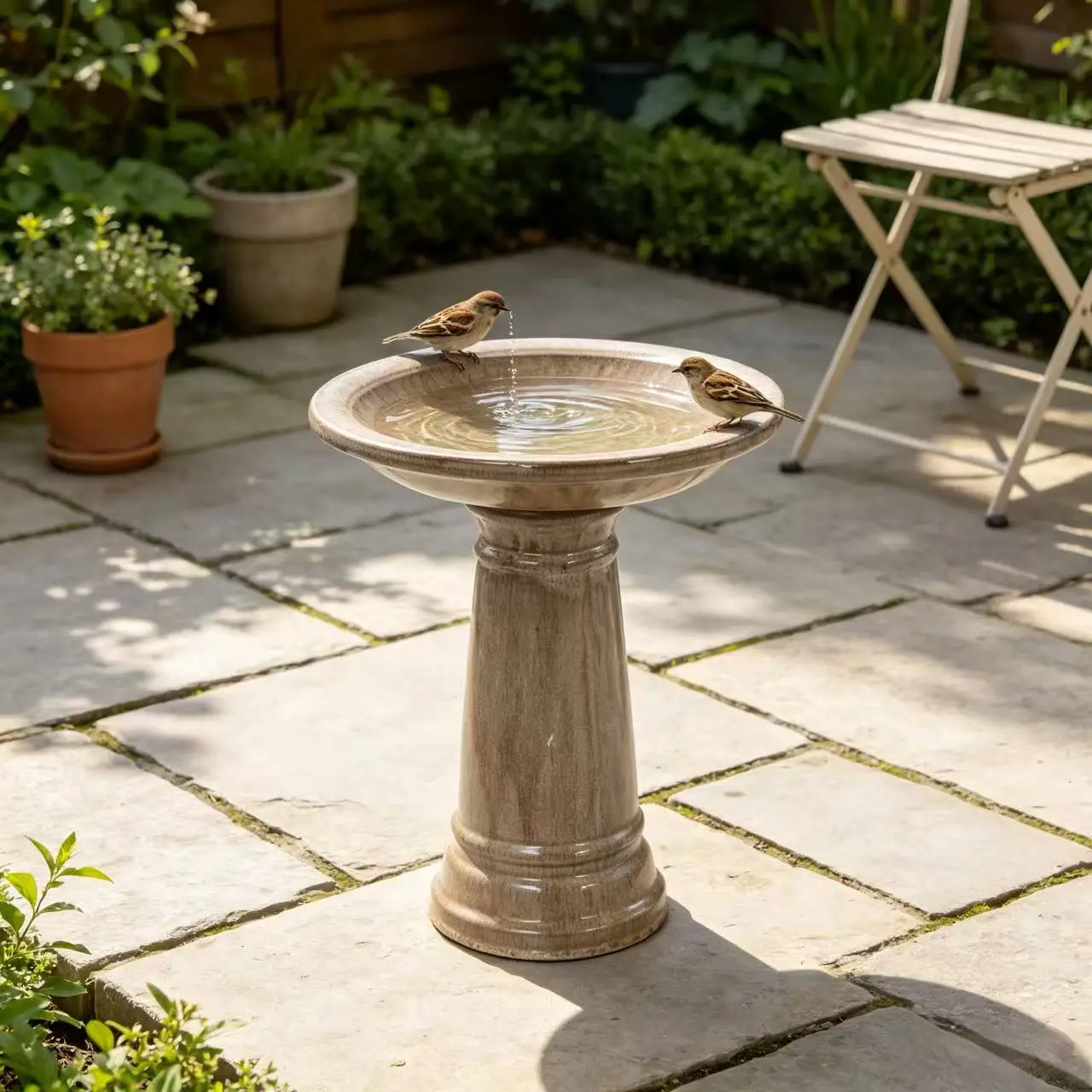 Bain d'oiseaux en céramique artisanal avec glaçure beige antique brillante et mouchetée, en grès résistant aux intempéries et au gel, design sur piédestal surélevé pour petits jardins, patios, balcons et entrées, bol à eau décoratif de style vintage pour oiseaux sauvages